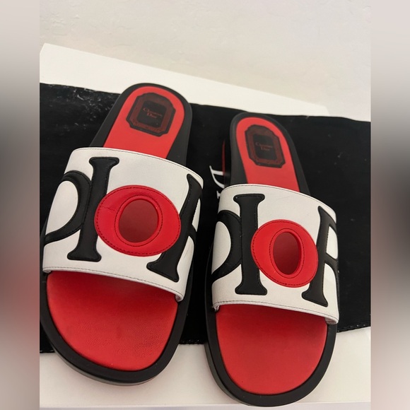 Dior Shoes - Christian Dior Red Black & White Leather Slides